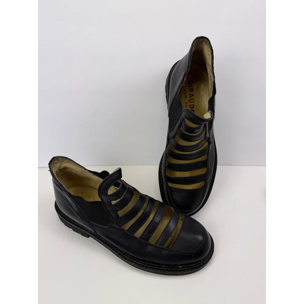Giraudon New York Black Leather Cage Cutout Lug Sole Shoes Booties Round Toe